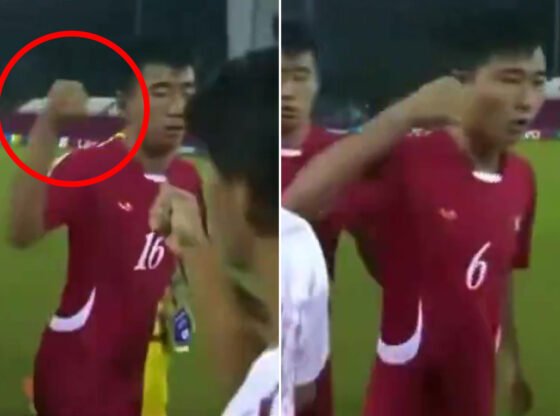 उस क्षण को देखें जब उत्तर कोरियाई खिलाड़ी पारंपरिक मैच से पहले हाथ मिलाने के बजाय अपने जापानी विरोधियों को मुक्का मारते हैं