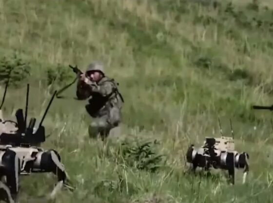 बंदूकधारी 'रोबोट वोल्व्स' का डरावना क्षण युद्ध के मैदान पर हमला करता है क्योंकि रोबोट चीन की विशाल ताइवान आक्रमण सेना का नेतृत्व करते हैं